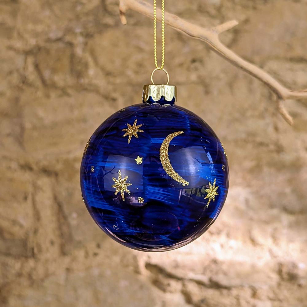 Dark Blue Marbled Glass Ball with Gold Star and Moon