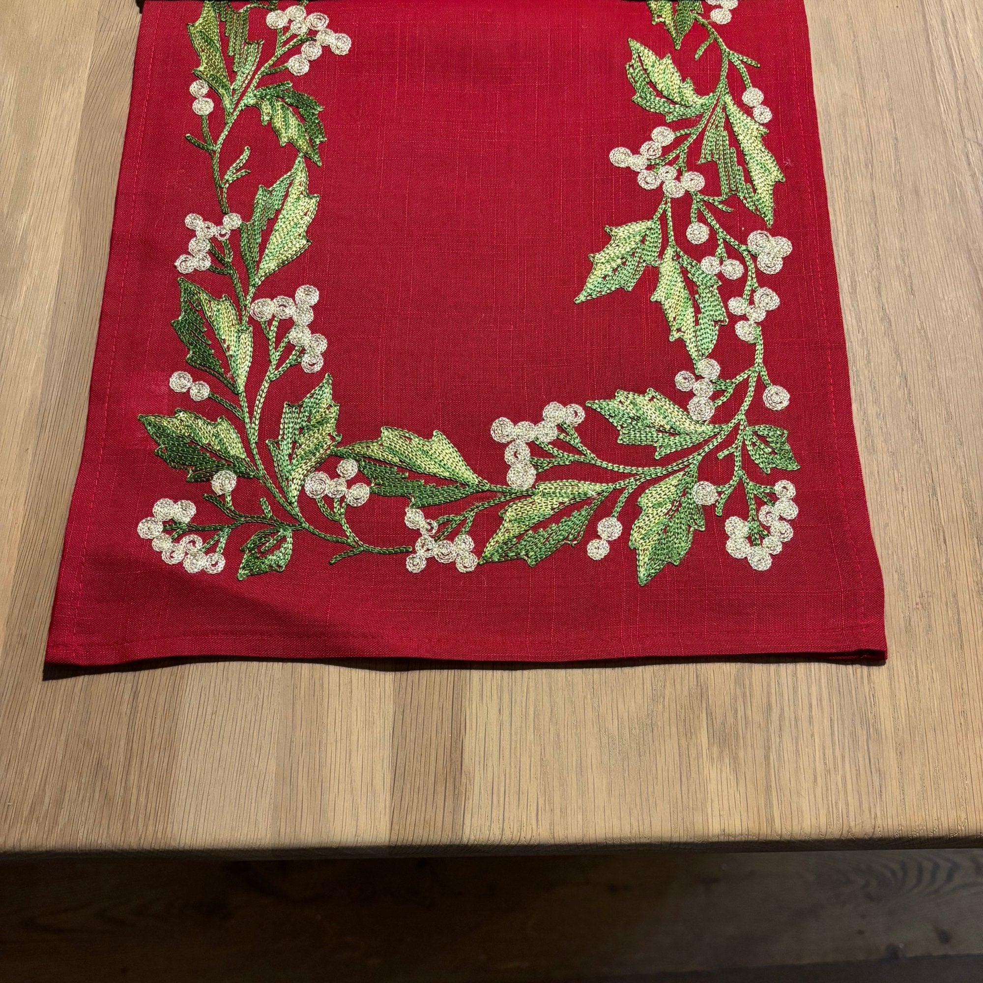 Embroidered White Holly Berries on Red Runner