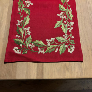 Embroidered White Holly Berries on Red Runner