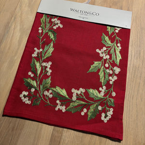 Embroidered White Holly Berries on Red Runner
