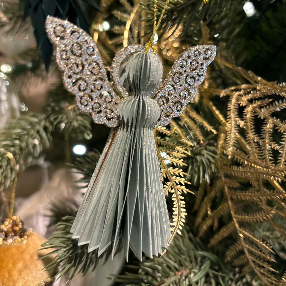 Paper Angel with champagne sparkling wings and Grey paper skirt