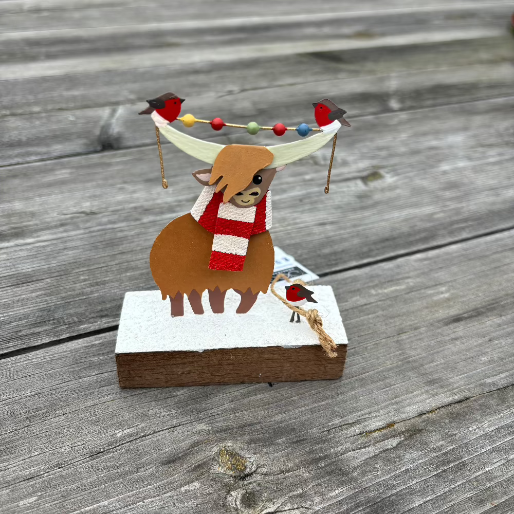 Highland Cow with Robins on Woden Block