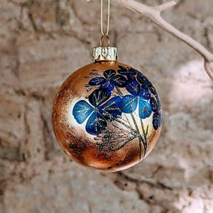 Gold Leaf Glass Bauble with Blue Flowers