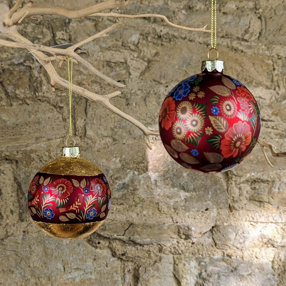 Red and Gold Folk Art Floral Glass Bauble