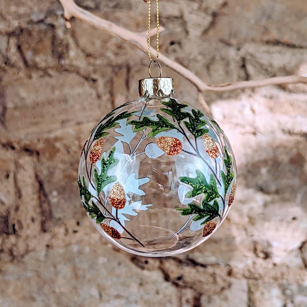 Clear Glass Bauble with Oak Leaf and Copper Acorns
