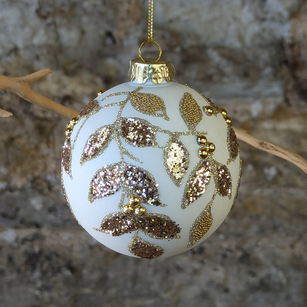 Matt Cream Glass Bauble with Gold Sparkling Leaves