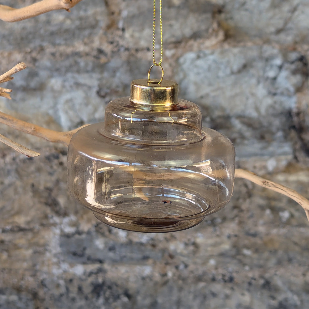 Glass Bauble in an unusual drum shape in a transparent gold colour