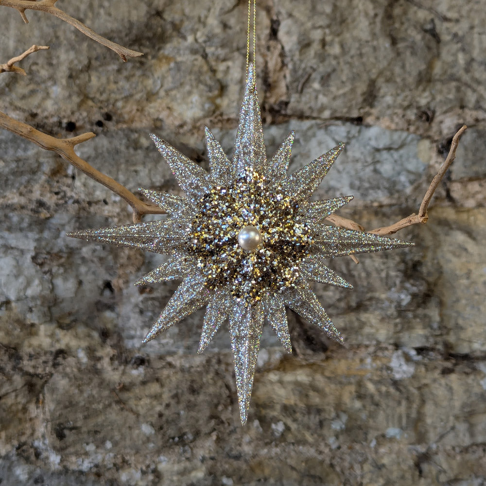 Gold and Silver Sparkling Acrylic Bethlehem Star with Pearl Centre