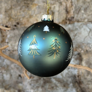 Matt Green Glass Bauble decorated with Christmas Trees