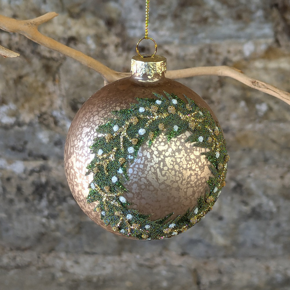 Antiqued Gold Glass Bauble with Green Beaded Wreath