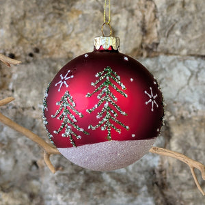 Mottled Red Sparkling Glass Bauble with Tree