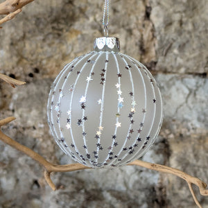 Opaque Glass Bauble with Glittery Stripes and silver Stars