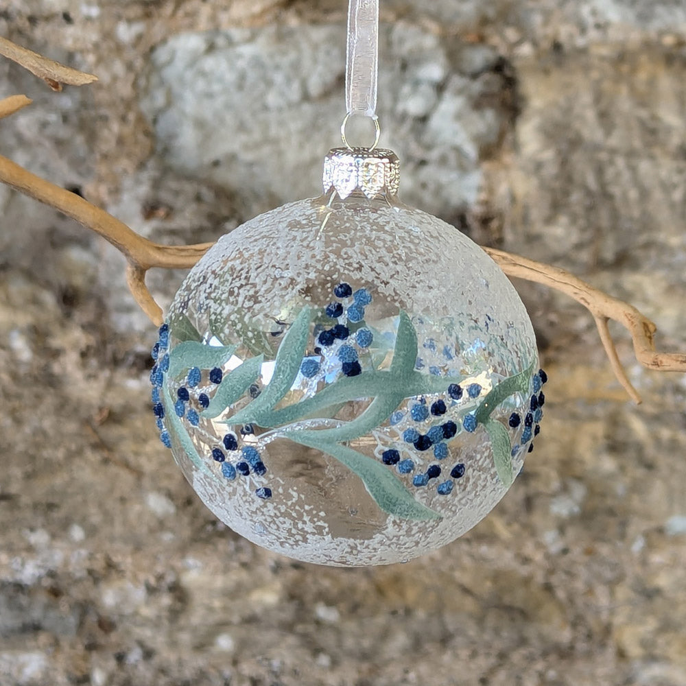 Glass Bauble with blue berries and green border leaves