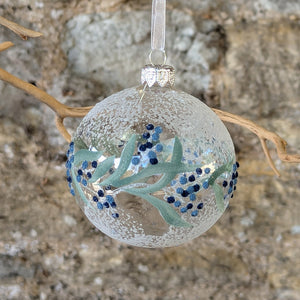 Glass Bauble with blue berries and green border leaves