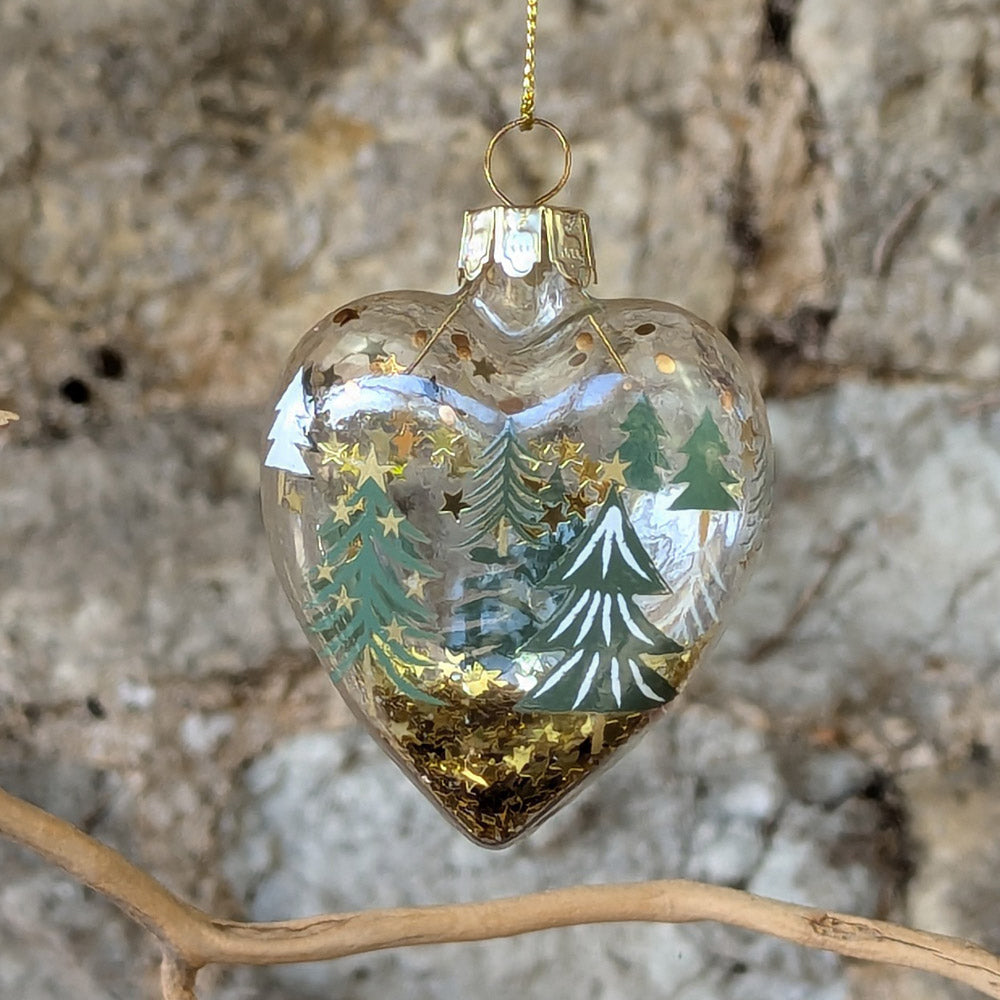 Clear Glass Heart decorated with Trees with gold stars inside