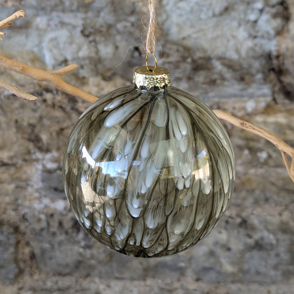 Clear Glass Bauble with Green and White Paint