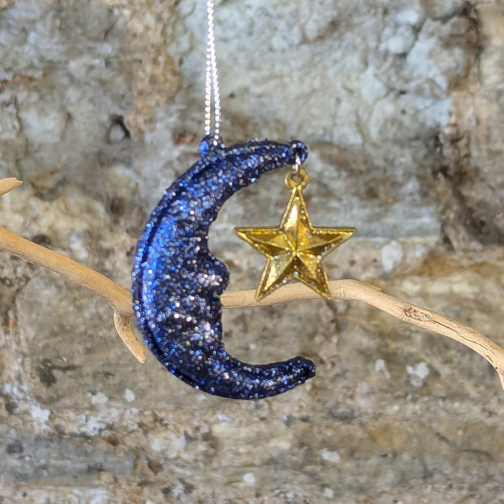 Blue Sparkling Moon with Gold Star Tree hanging decoration