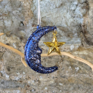 Blue Sparkling Moon with Gold Star Tree hanging decoration