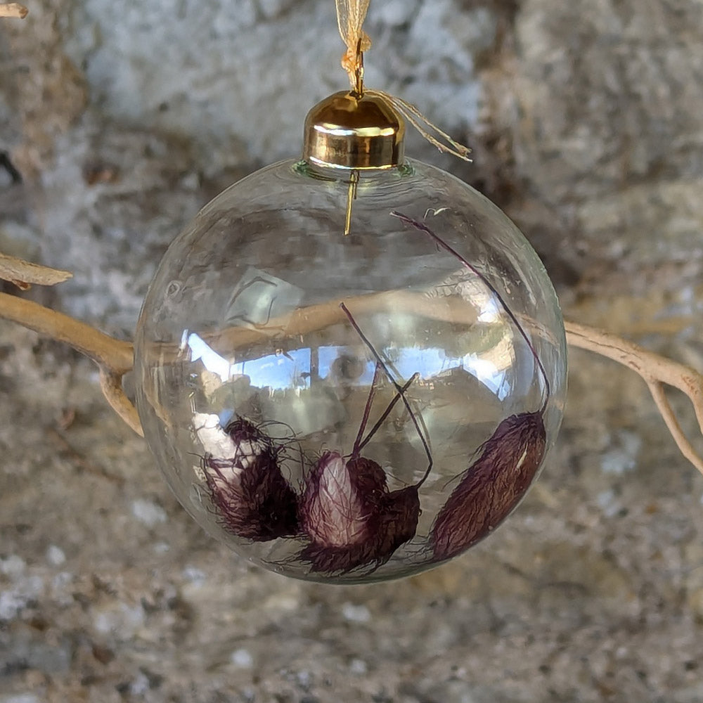 Clear Glass Bauble with Purplish Seed Heads inside