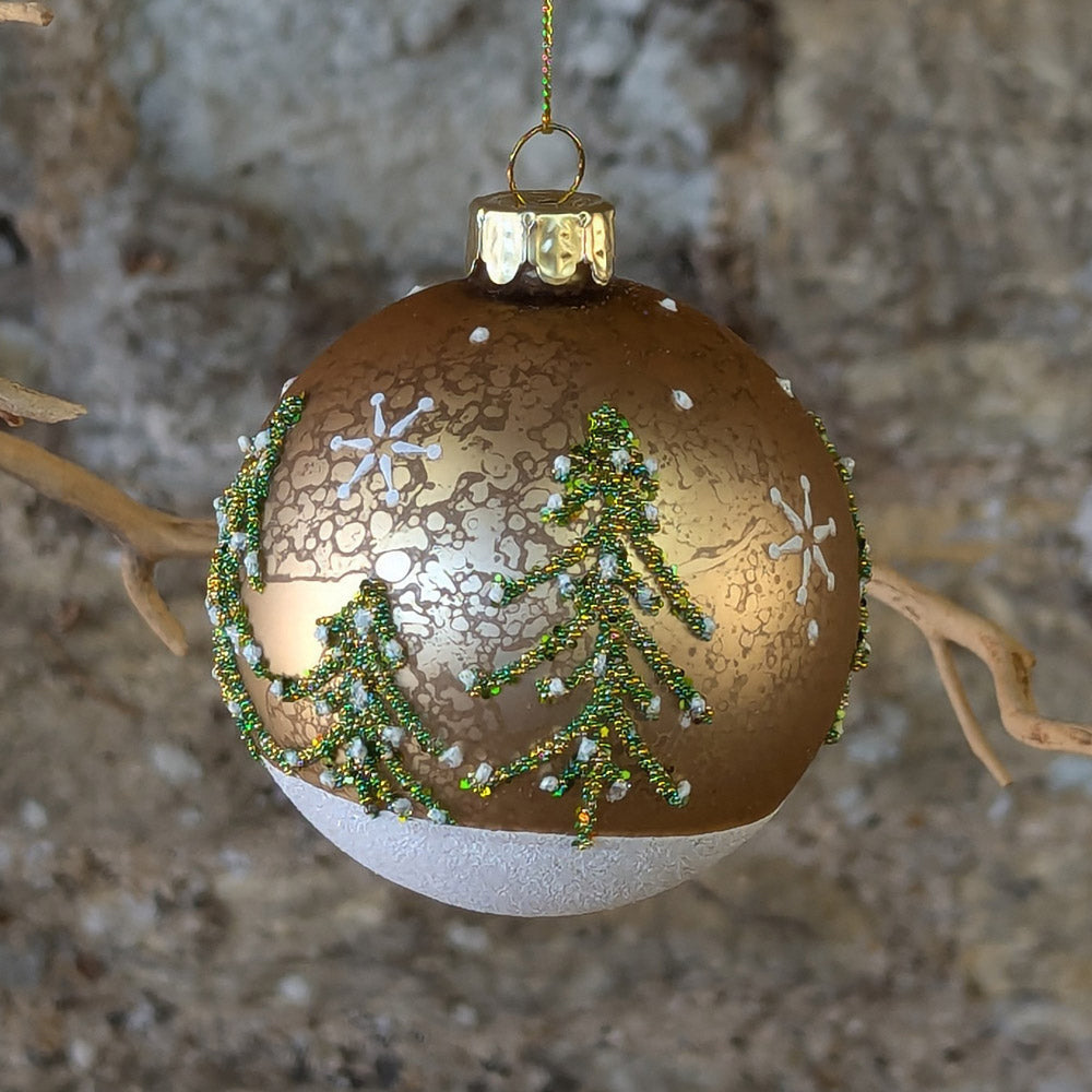 Gold and White Sparkling Glass Bauble with Beaded Trees