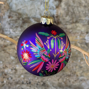 Matt Purple Glass Bauble with Rainbow Birds