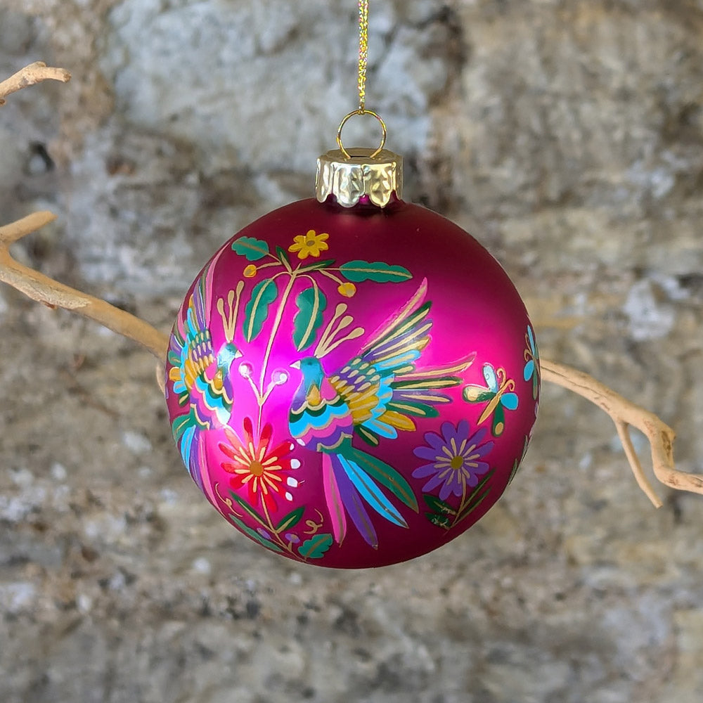 Matt Pink Glass Bauble with Rainbow Birds