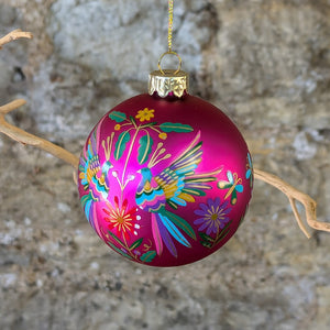 Matt Pink Glass Bauble with Rainbow Birds