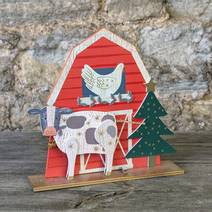 Wooden Red Barn with Cow, Hen & Tree