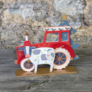 Wooden Tractor with Cow and Christmas Tree on Wooden Stand