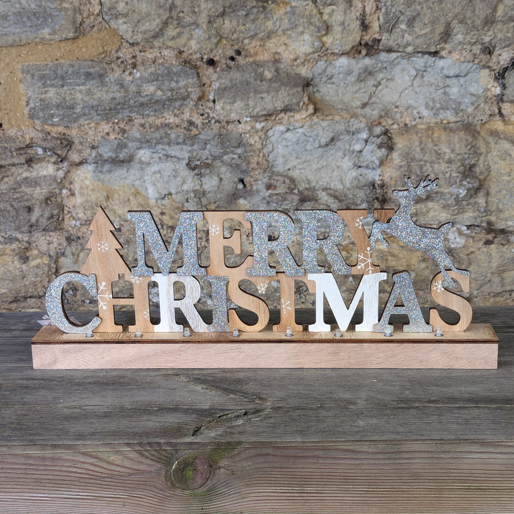 Merry Christmas wooden Light Up Plaque Highlighed in Silver Glitter