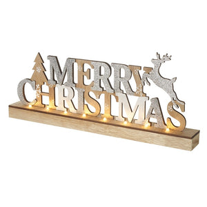Merry Christmas wooden Light Up Plaque Highlighed in Silver Glitter